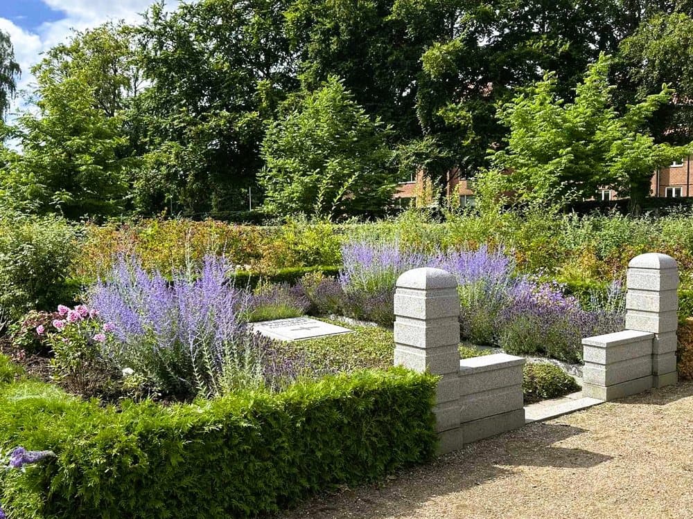 Gravsted på Ansgar Kirkegård i Odense med lavendel, staudebed og klippet hæk